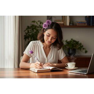 Decorative Rhinestone Ballpoint Pen With Purple Rose Butterfly & Crystal Accents